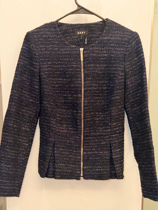 DKNY Navy Metallic Tweed Zip-Front Blazer – Polished Modern Chic - Picture 2 of 4